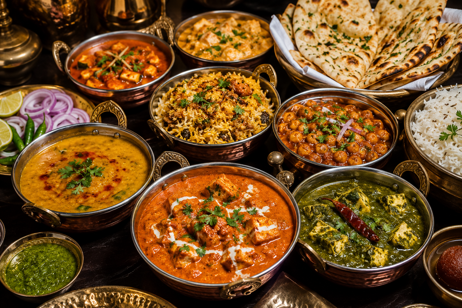 East Indian cuisine including curry, rice and vegetables